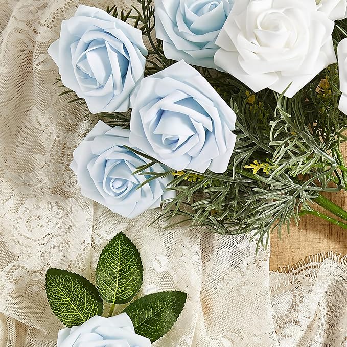 Artificial Flowers, 50pcs Baby Blue Artificial Rose for DIY Wedding Bouquets Centerpieces Arrangements, Fake Flower with Stems for Party Home Decorations