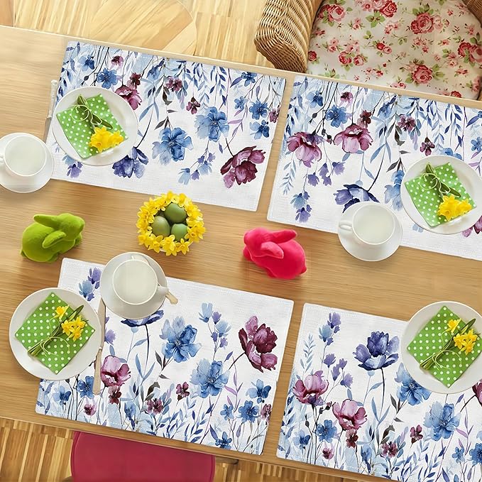 Floral Placemats Set of 4 Flower Daisy Watercolor Table Mats Washable Place Mats for Home Party Indoor Kitchen Dining Table Decoration 12x18 Inch