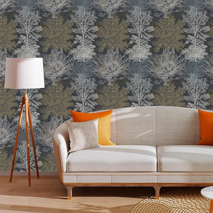 Vintage Forest Peel and Stick Wallpaper - Hand Drawn Tree Design for Bathroom, Bedroom Walls, Cabinets, Shelves - Removable Decorative Contact Paper Mural 17.71"x118.1"