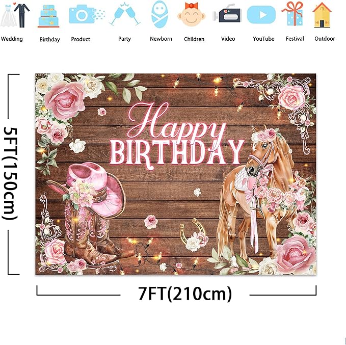 SVBright Cowgirl Birthday Backdrop for Women， Western Horse Barn Door，Pink Rose Flowers Farmhouse Rustic，Natural Wildflower Wood Boot Hat Decorations Photography Background Banner Photo Studio 7Wx5H