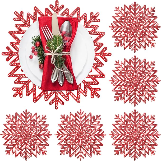 Snowflake Placemats Set of 6, Washable Christmas Placemats Snowflake Tablemats Hollow Out Round Vinyl Place Mats for Dining Table Setting Kitchen Table Mats Christmas Decoration(Red Snowflake)