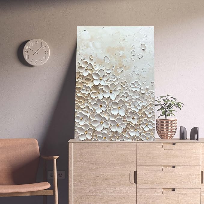 moshinart 24 x 36in Hand-Painted Oil Painting 3D Texture Black White Grey Modern Minimalist Black Abstract Wall Art, Home Office Wall Decoration Mini Flower