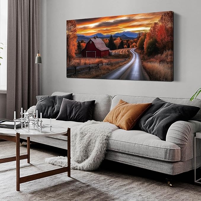 JuhaiArt Fall Wall Decor Red Barn Landscape Wall Art Natural Picture Sunset Scenery Canvas Decor for Living Room Bedroom Rustic Poster 24" x 48"