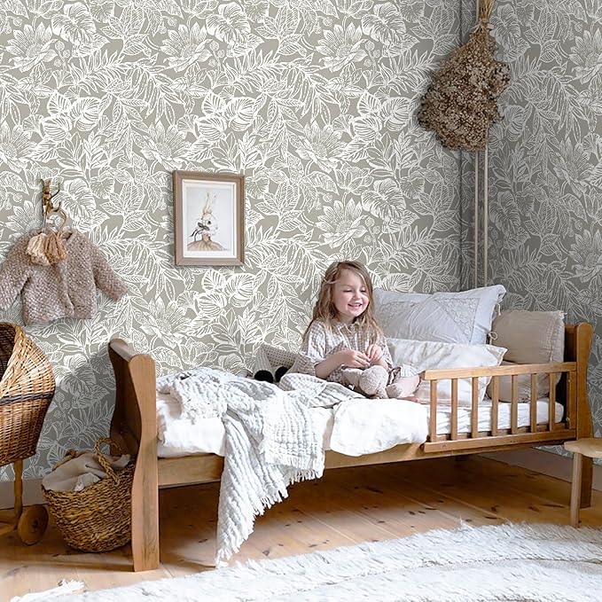 Peel and Stick Wallpaper Vintage Wall Paper Boho Contact Paper Bedroom Bathroom Wallpaper Peel and Stick Grey Brown Tropical Leaf Removable Self-Adhesive Wall Decor 17.3" x 394"