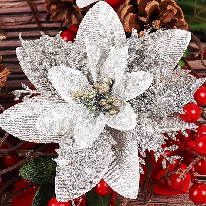 RECUTMS 10 Pcs Christmas Glitter Artificial Poinsettia Flowers 6inch Christmas Wreath Christmas Tree Flowers Ornaments Holiday Seasonal Decorations (Silver, 6inch)