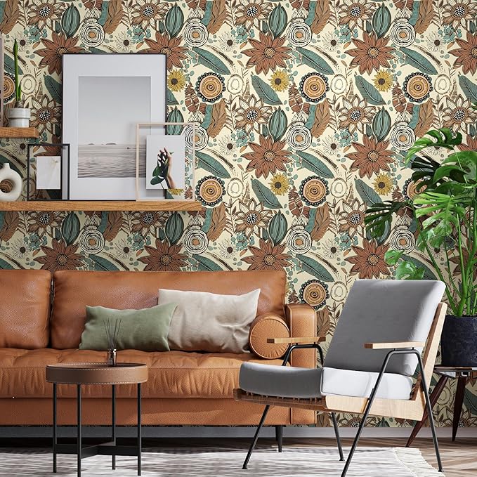 Boho Wallpaper Peel and Stick,Retro Floral Contact Paper 17.5" x 393.7", Vintage Botanical Flowers Wall Paper Self Adhesive Removable Waterproof for Walls Shelves Cabinet Table (Beige,Brown, Blue)