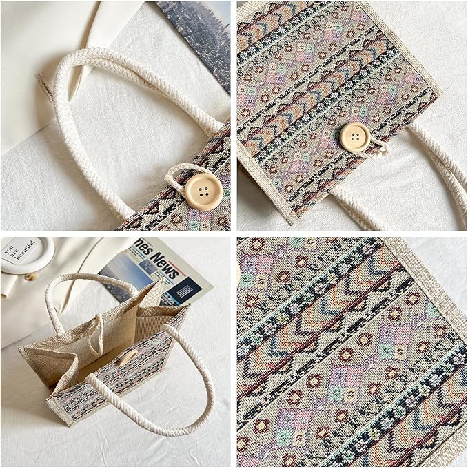 Women Tote Bag,2Pcs Jute Casual Tote's Handbag Embroidered Personalized Bento Bag,Reusable Grocery Bags Shopping Bags