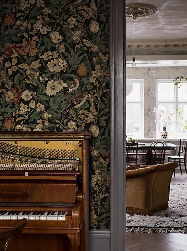 Erfoni 17.3" x118" Vintage Floral Peel and Stick Wallpaper Dark Floral and Bird Contact Paper DIY Self Adhesive Removable Wallpaper for Bedroom Cabinets Decor Retro Boho Flower Leaf Wall Paper