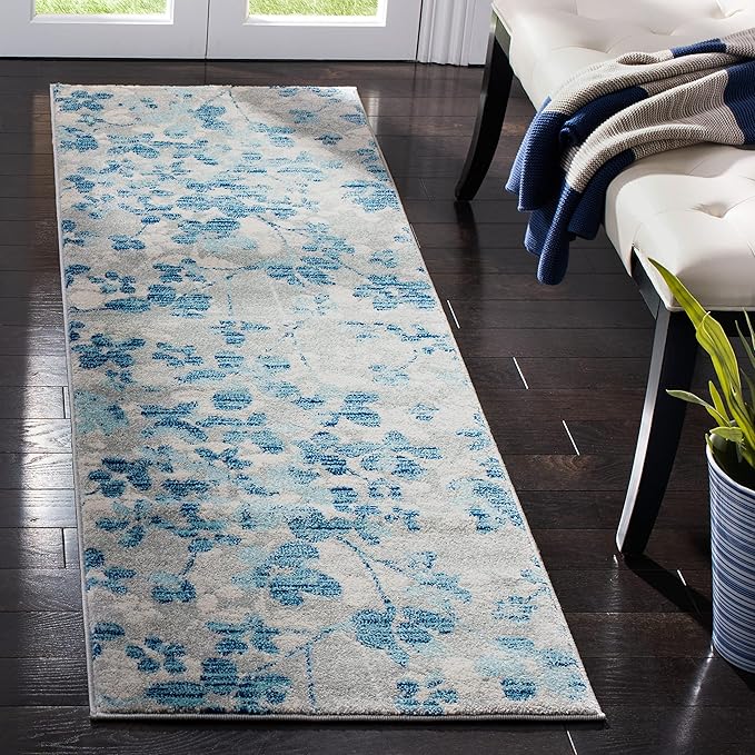 SAFAVIEH Evoke Collection 2'2" x 9' Grey/Light Blue EVK236J Floral Non-Shedding Living Room Entryway Foyer Hallway Bedroom Runner Rug