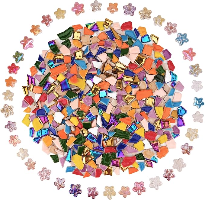 1.5 lb Ceramic Tiles for Mosaics – 580g Small Irregular Tiles + 100g Flower Mosaic Pieces, Mixed Sizes, Shapes & Vibrant Colors for DIY Crafts & Home Decor