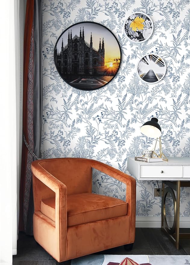 Peel and Stick Wallpaper Blue and White Floral Wall Paper for Bedroom Blue Contact Paper for Cabinets Self-Adhesive Removable Wallpaper for Bathroom Kitchen Wall Decor 197"x17.3"
