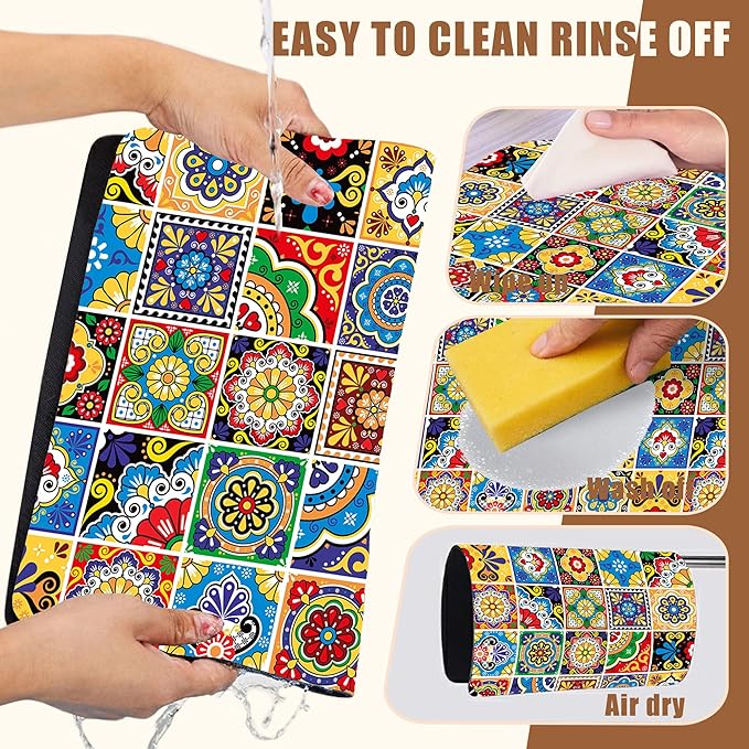 Talavera Mexican Tiles Dish Drying Mat for Kitchen Counter Bar Mat Hide Stain Absorbent Rubber Backed Coffee Mat Maker Espresso Machine Bar Accessories 11.8 x 19.7 Inch