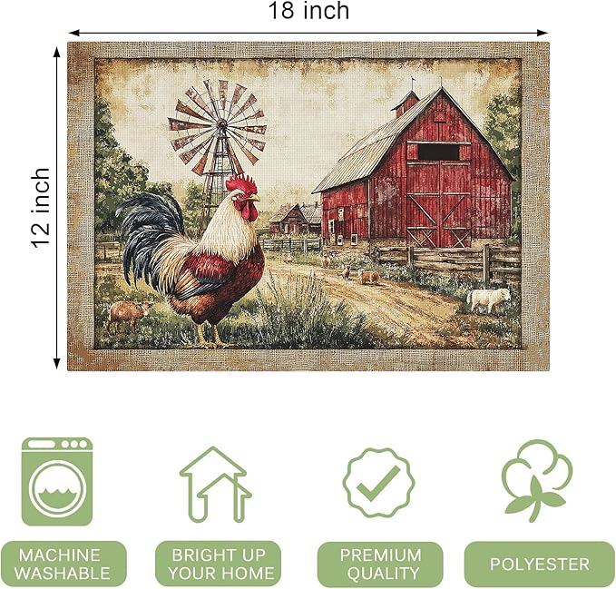 Retro Chicken Placemats Set of 4 Washable Table Farmhouse Rooster Heat-Resistant Cotton Linen Place Mats for Dining Table Kitchen Indoor Outdoor Party Holiday Decor