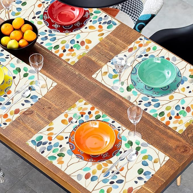 Watercolor Leaves Spots Placemats Set of 4, Placemats Dining Table Mat Set,12x18 Washable Stain Resistant Wipeable Cloth Placemat for Kitchen Buffet Parties
