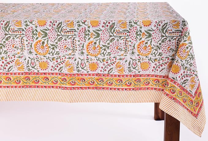 ATOSII Clover Yellow 100% Cotton Rectangle Fall Tablecloth, Handblock Floral Print Linen Table Cloth for Kitchen Dining I Parties, Outdoors, Christmas, Thanksgiving I 72 X 140 Inches I 12 Seater