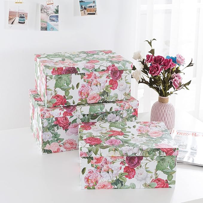 Soul & Lane Decorative Cardboard Storage Boxes with Lids for Home Decor and Organization, Set of 3 Large Keepsake Boxes for Memories & Gifts, Nesting Floral Photo Storage Containers, Rose Romance