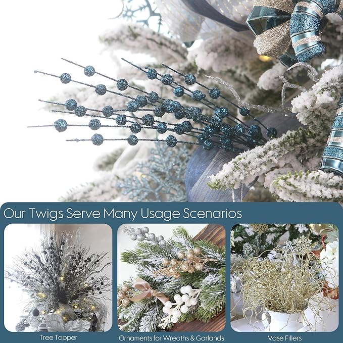 Sea Team 24-Pack Artificial Glitter Berry Stem Ornaments, Decorative Bead Sticks, Glittery Twigs, Picks, Branches for Christmas Tree, Small Vase, Holiday, Wedding, Party (17 Inches, Stone Blue)