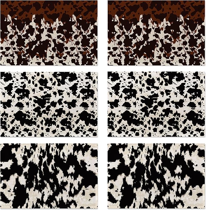 Cow Fur Placemats Set of 6,Washable Heat Resistant 12×18 Inch Linen Table Mats Cow Print Pattern Place Mats for Party Outdoor Dining Décor