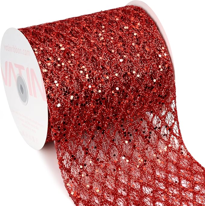 VATIN 6" Red Fall Ribbon, Red Glitter Mesh Diamond Web Sequin Dots Wired Christmas Ribbon for Gift Wrapping Bow Making Wreath Supply-10 Yards