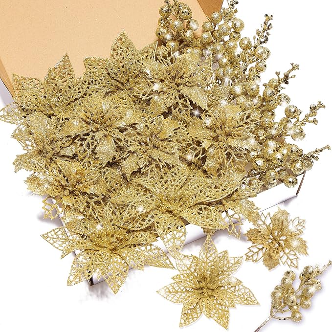 Zhuqing 22Pcs Christmas Poinsettia Artificial Flowers and Glitter Berries Stems Kit, 16Pcs Christmas Tree Flowers Ornaments and 6 Pack Christmas Tree Picks for Wedding Holiday Decorations (Gold)