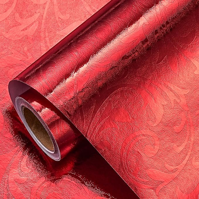 LeZakaa 3D Embossed Floral Foil Gift Wrapping Paper, Vintage Flower Metallic Foil for Birthday Christmas Party Holiday Gift Wrap, for DIY Crafts Scrapbook, Mini Roll 17 inch x 32.8 Ft(Red)