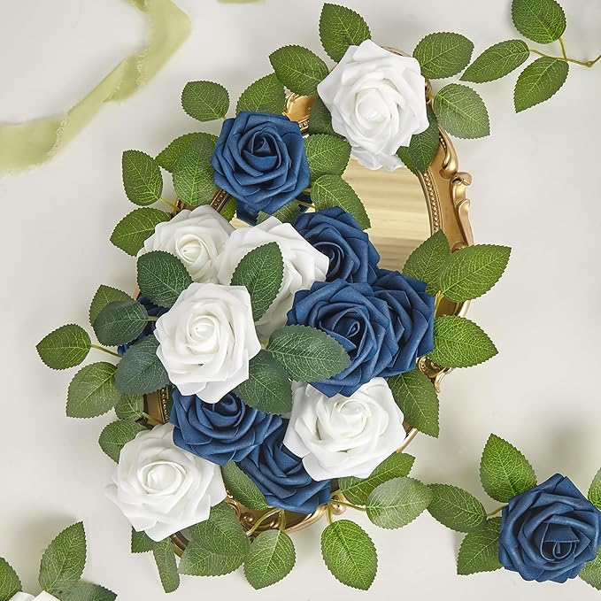 Artificial Flowers, 50pcs Blue and White Fake Flower for DIY Wedding Bouquets Centerpieces Arrangements, Artificial Rose with Stem for Party Home Decorations