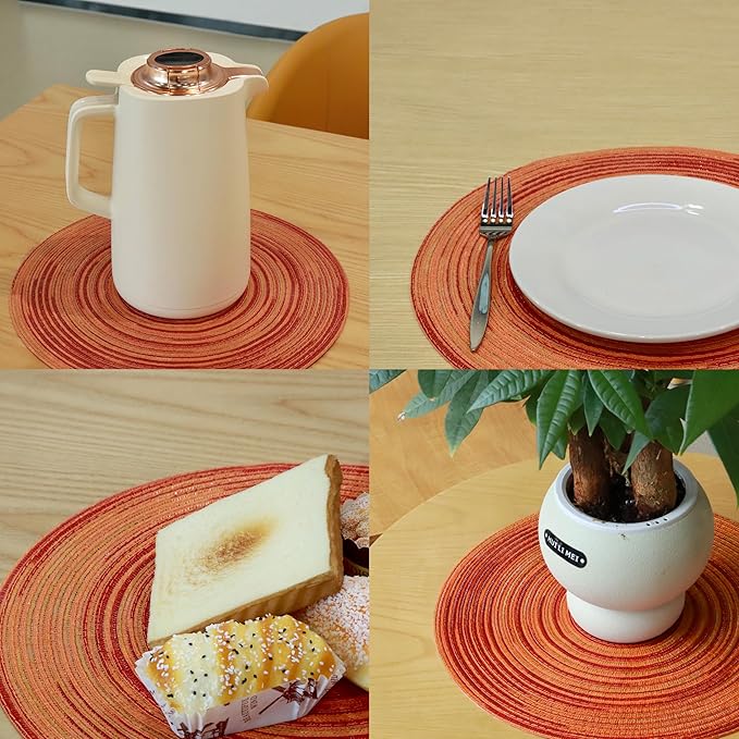 Youyi Better Lifes Round Braided Placemats Set of 8 Colorful Washable Durable Placemats Non-Slip 15 Inch Red-Orange Woven Table Mats for Dining Tables Holiday Party Decoration