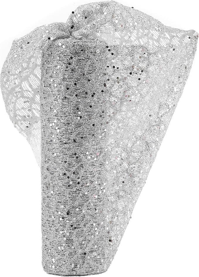 MEEDEE Silver Glitter Mesh Web Ribbon 10 Inch Wide by 10 Yards Roll Fabric Ribbon Silver Decorative Mesh Ribbon for Christmas Tree, Garland, Holiday Wreaths, Bows, Home Decor