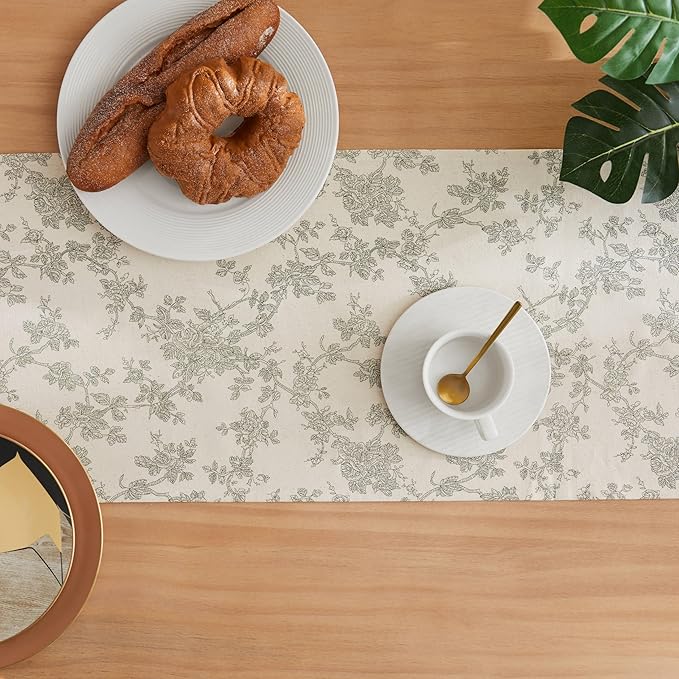 100% Cotton French Pastoral Table Runners, 13x72 Inch Green Farmhouse Table Runners 72 Inches Long, Vintage Flowers Print Home Decors