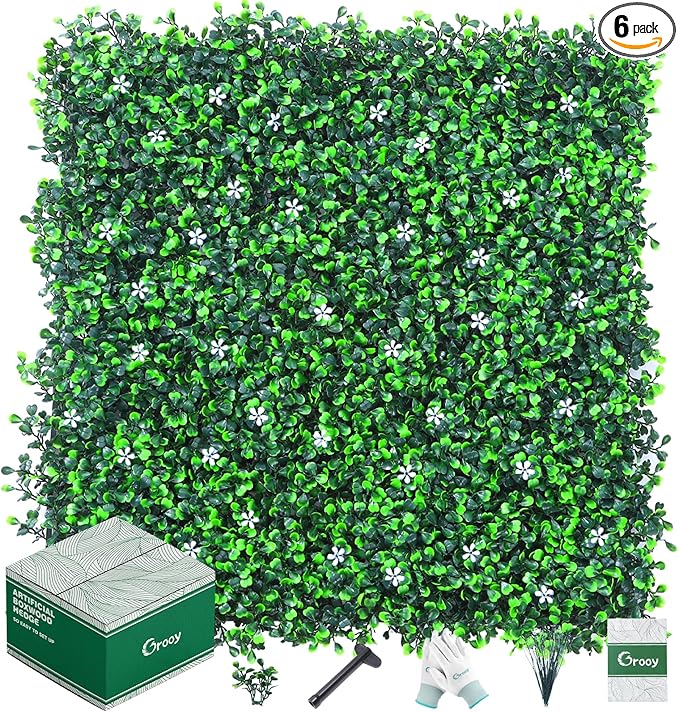 12PCS Grass Wall Panel with Flowers, 20x20inch Boxwood Panels, Grass Backdrop, Privacy Hedge Screen, UV Protected Wall Backdrop for Outdoor Garden and Indoor Home Wedding