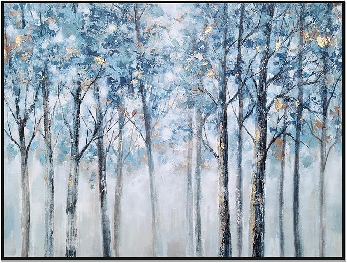 Yihui Arts Abstract Forest Wall Art Hand Painted Textured Blue Trees Canvas Painting with Gold Foil Modern Framed Artwork for Living Room Decor