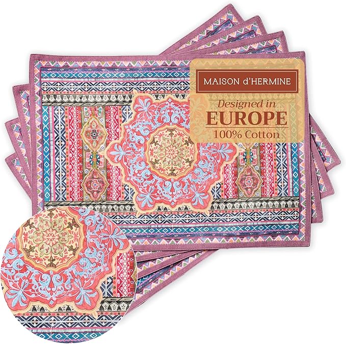 Maison d' Hermine Placemats Set of 4 100% Cotton Washable Cloth Place Mats, Reusable Table Mats for Thanksgiving Christmas Decorations Kitchen Dining Party Wedding Restaurant (Ispahan, 13" x 19")