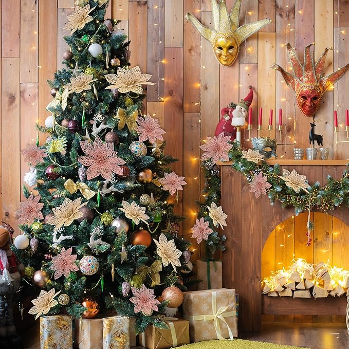 Boao Champagne,Rose Gold 24 Pieces Poinsettia Flower Christmas Glitter Artificial Poinsettia with Clips Christmas Tree Ornament Decorations for DIY Xmas Wreath Holiday Home Party Decor, 3/4/6 Inches