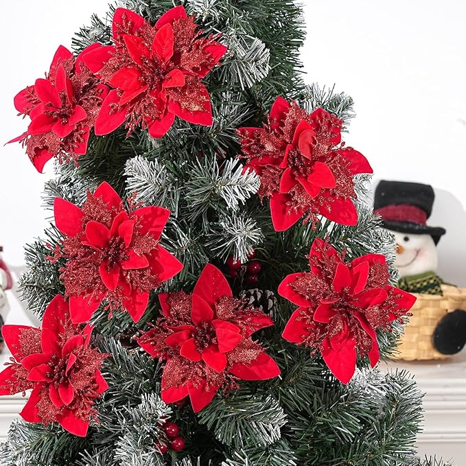 Zhuqing 15Pcs Christmas Poinsettia Artificial Flowers Decorations, Glitter Poinsettia Christmas Tree Ornaments,All Red Tree Flowers for Xmas/Party/Holiday/Wreath/Garland Decor, with Cilps, 5.5 Inch