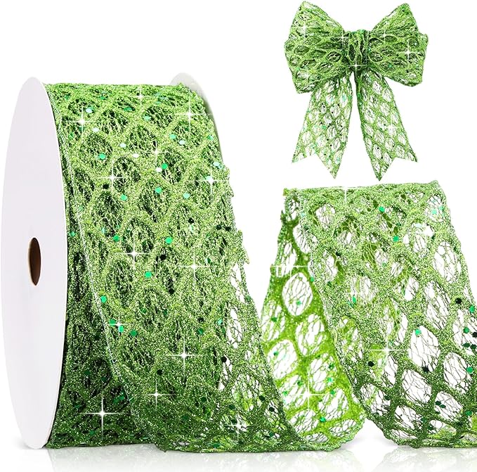 Geosar 20 Yards Green Glitter Mesh Wired Ribbon for Christmas Tree Decorations, Gift Wrapping, DIY Craft, Xmas Wreaths, Cabinet Decor (2.5 Inch)