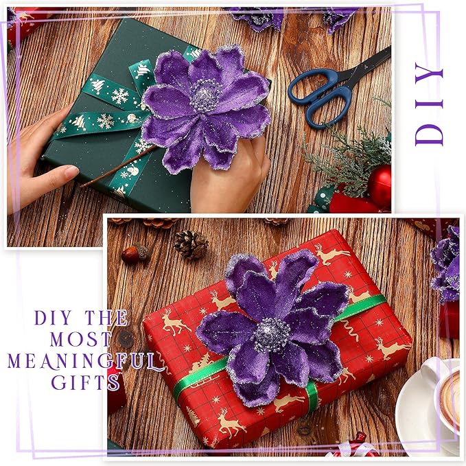 20 Pcs Christmas Glitter Poinsettia Magnolia Flowers Ornaments Large Heads Artificial Magnolia Flowers for Christmas Tree Xmas Wreath Holiday Wedding Decor (Purple)