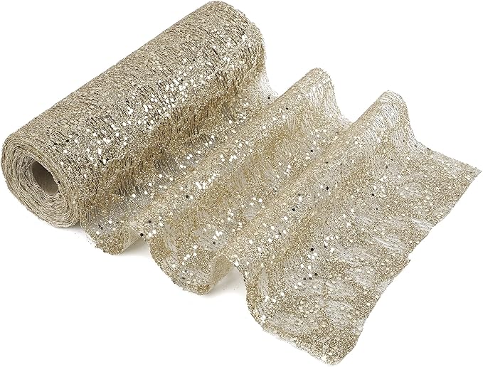 MEEDEE Champagne Gold Glitter Mesh Star Web Ribbon 10 Inch Wide by 10 Yards Roll Champagne Fabric Ribbon Decorative Champagne Mesh Ribbon for Christmas Tree, Garland, Holiday Wreaths, Bows