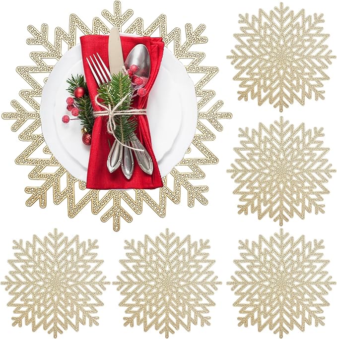 Snowflake Placemats Set of 6, Washable Christmas Placemats Snowflake Tablemats Hollow Out Round Vinyl Place Mats for Dining Table Setting Kitchen Table Mats Christmas Decoration(Gold Snowflake)