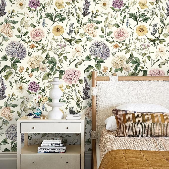 HeloHo Floral Peel and Stick Wallpaper Vintage Floral Contact Paper Boho Flower Botanical Wallpaper Removable Self Adhesive Farmhouse Wall Paper for Cabinets Bathroom Bedroom Vinyl 17.3"x78.7"