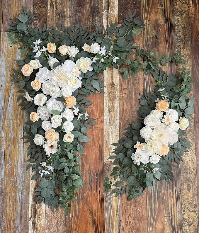 Artificial Wedding Arch Flowers Kit Pack of 5,2pcs Floral Swag Arrangement and 3pcs Fabric Drap for Wedding Ceremony Reception and Backdrop (Champagne and White)