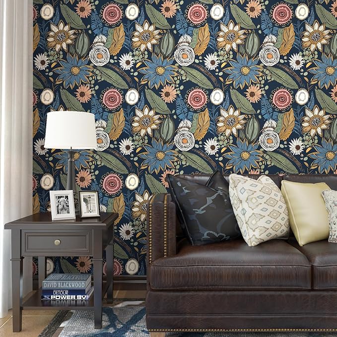 Boho Wallpaper Peel and Stick, Dark Vintage Floral Contact Paper, Retro Botanical Flower Wall Paper Self Adhesive Removable Waterproof for Walls Shelf Cabinet Table 17.5" x 78.7" (Blue,Yellow, Green)