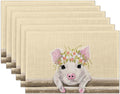 Placemats Set of 6, Cute Little Pig with Floral Wreath Linen Place Mats,Modern Washable Table Placemats 12"x18" Heat Resistant Table Mats for Dining Kitchen Party Holiday Decoration