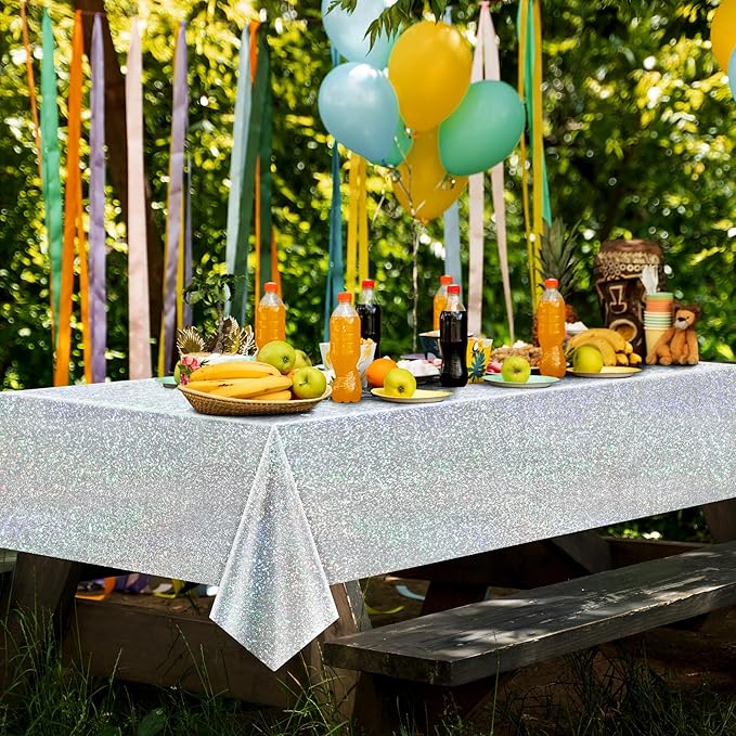 4 pcs Silver Holographic Tablecloths Shiny Disco Laser Table Cloths 40" x 108" Iridescence Plastic White Table Cover for Birthday Party Decoration Wedding Christmas Winter Grad Party Supplies