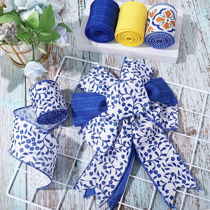 Boho Wired Edge Ribbon Blue Yellow Stripe Plaid Floral Leaves Fabric Craft Ribbon for Wedding Birthday Bridal Shower Wreath Bow Making, 4 Rolls, 24 Yards