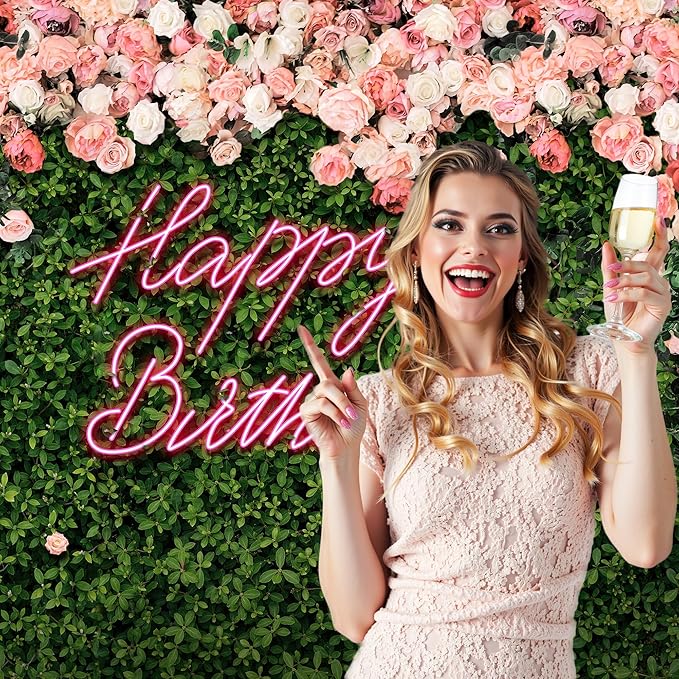 Riyidecor Happy Birthday Backdrop Backdrop Polyester Fabric Pink Rose Neon Flower Wall Green Leaves 5Wx3H Feet for Women Floral Blossom Photography Background Birthday Baby Shower Photo Studio Shoot