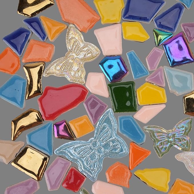 Irregular & Butterfly Mosaic Tiles for Crafts – 1.5 lb Bulk Pack (580g Irregular Tiles + 100g Butterfly Pieces), Assorted Colors, Shapes & Sizes for DIY Art & Home Decor