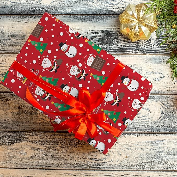 Christmas Wrapping Paper Set of 4 Rolls (148 sq. ft. ttl) With Colorful Holiday Patterns Santa Claus, Reindeer, Christmas Tree, Snowman, snowflakes for Gifts - 30 inches x 14.8 feet Per Roll