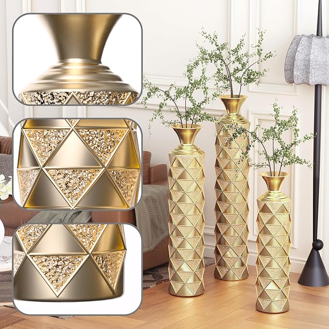 Tall Floor Vase Large Vintage Modern Set Oversized Metal Vases for Decor Living Room Gold Decorative (3D Triangle)