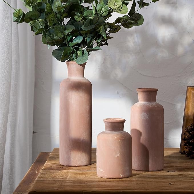 LUKA Ceramic Rustic Farmhouse Vase,Terracotta Vases for Decor,Vase Set of 3,Vases for Your Bedroom,Office,Living Room,Fireplace,Bookshelf Decor,Housewarming 10+7.5+5 Inch