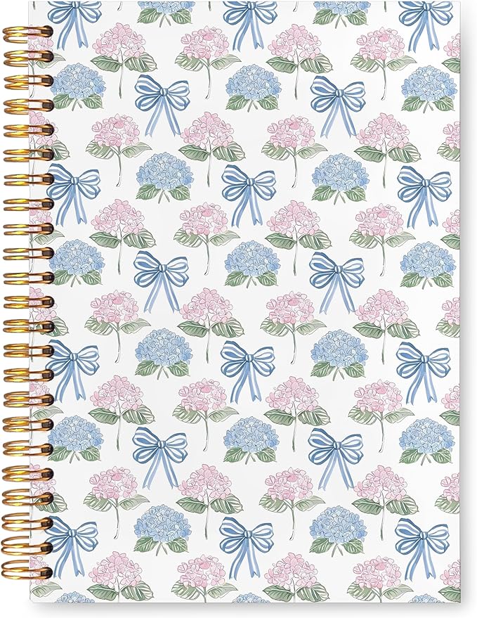 VIIJJUE Cute Bow Hydrangea Floral Notebook, AestheticJournal, Blue and Pink Flowers Notebooks for Note Taking, Blue and Pink Office Supplies, Hardcover Spiral Journal 5.5x8.3 Inch